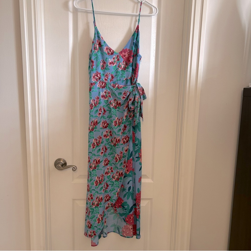 Floral Wrap Slip Dress - Aqua with Pink Floral